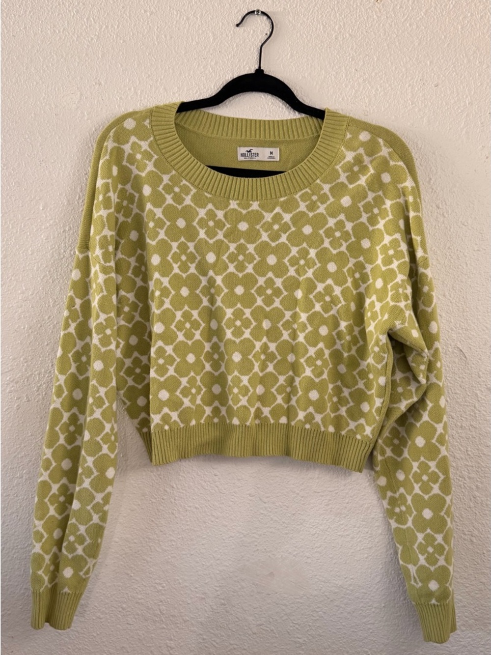 Hollister Lime Green Flower Cropped Sweater